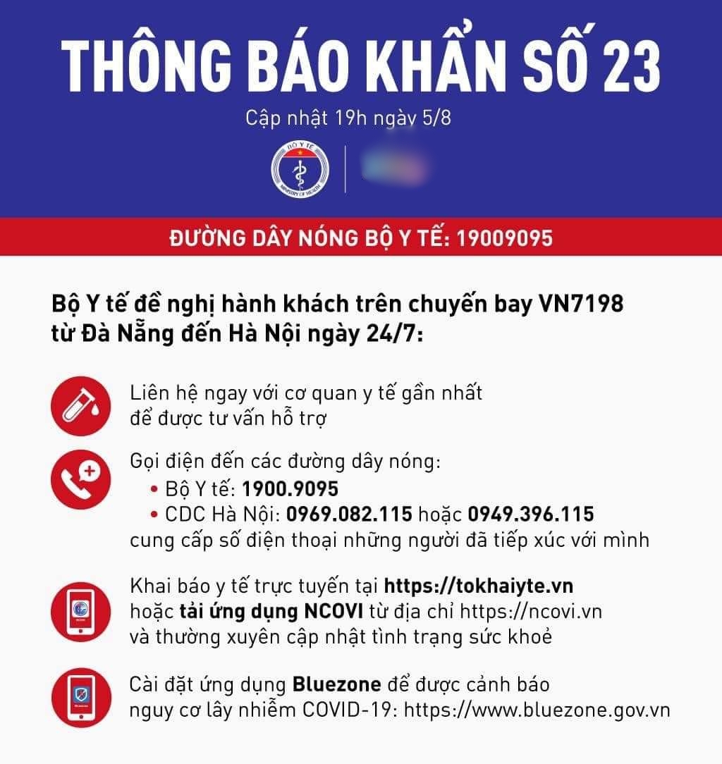Thông báo khẩn số 23: Hành khách chuyến bay VN7198 từ Đà Nẵng đến Hà Nội ngày 24/7 liên hệ y tế gấp