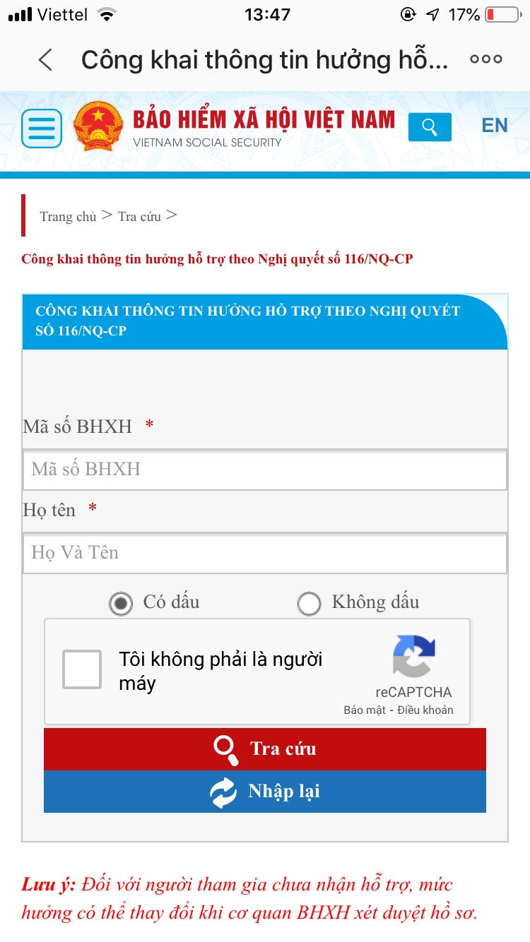 tra cuu tien ho tro theo nghi quyet 116