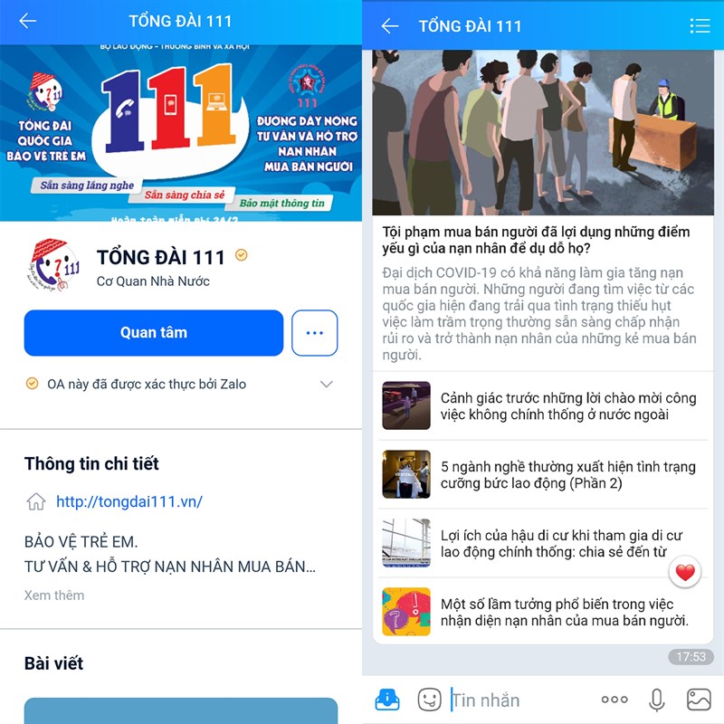 Cách báo tin bạo hành trẻ em qua đường dây nóng trên Zalo